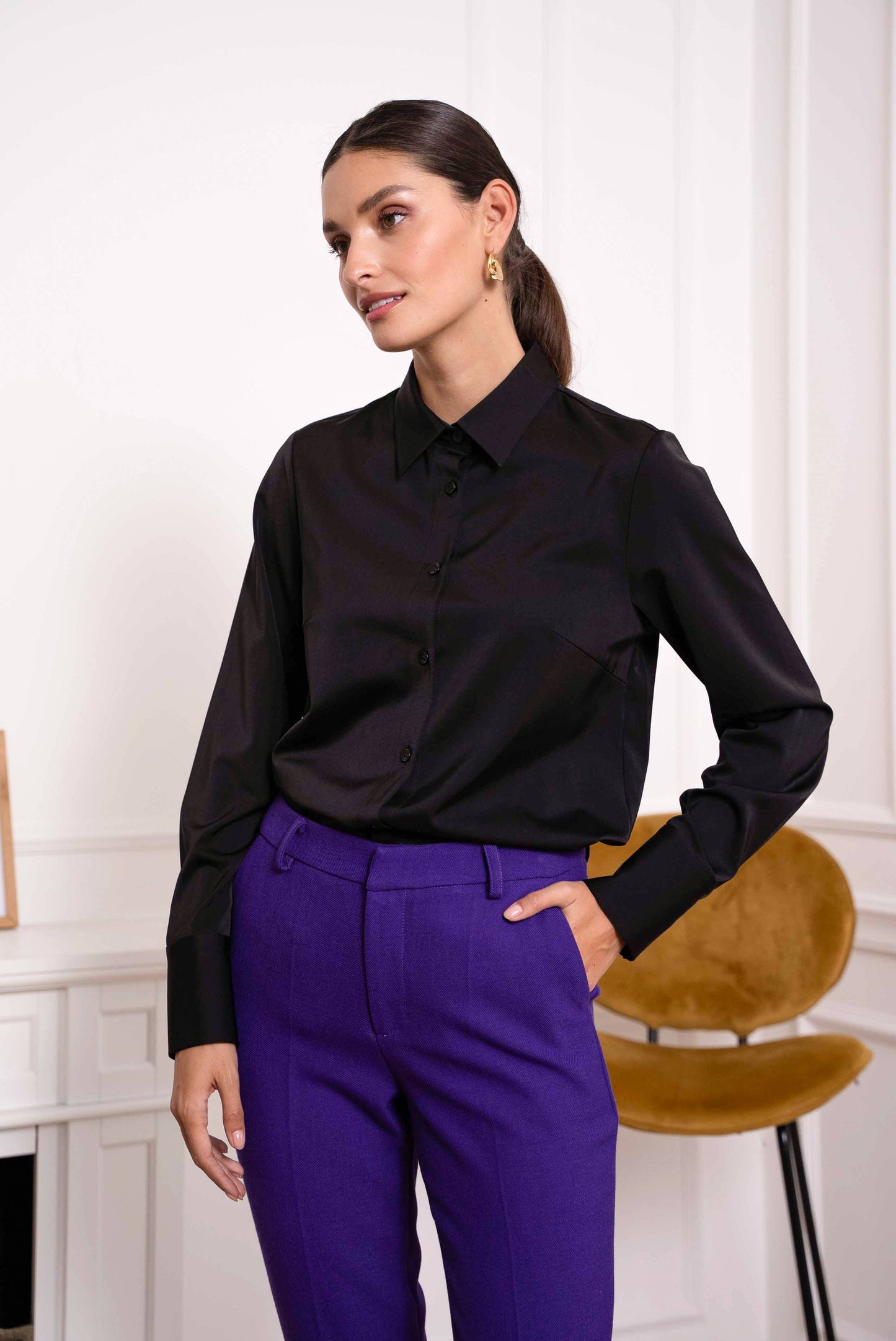 Plain satin shirt with lapel collar: Beige