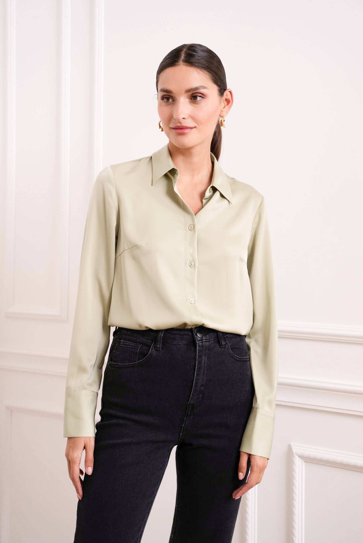 Plain satin shirt with lapel collar: Beige