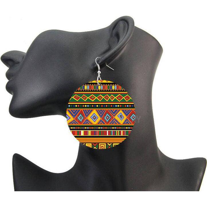 African Fabric Bohemian Wooden Drop Earrings