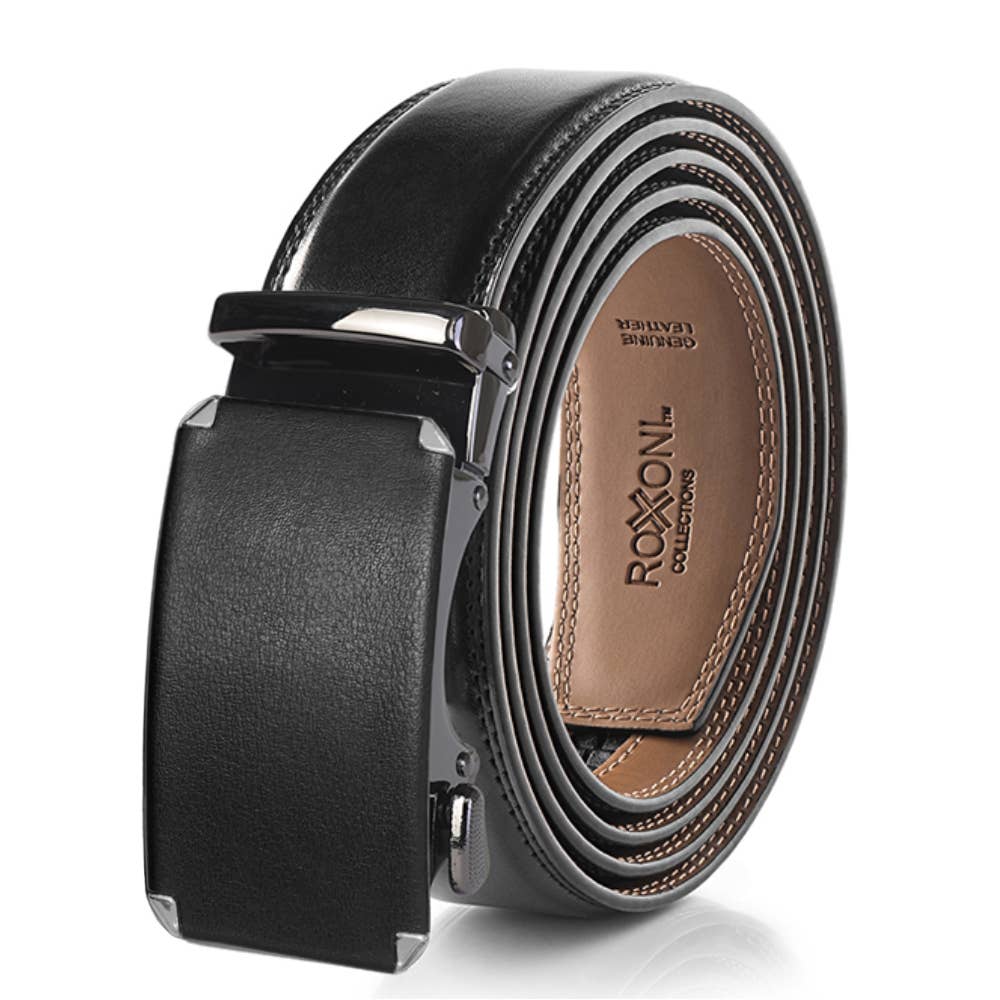 Men’s Genuine Leather Ratchet Belt with Automatic Buckle: Simple Gloss / Adjustable from 28" to 48" Wais