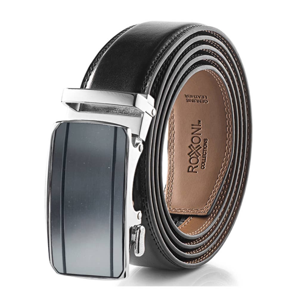 Men’s Genuine Leather Ratchet Belt with Automatic Buckle: Simple Gloss / Adjustable from 28" to 48" Wais