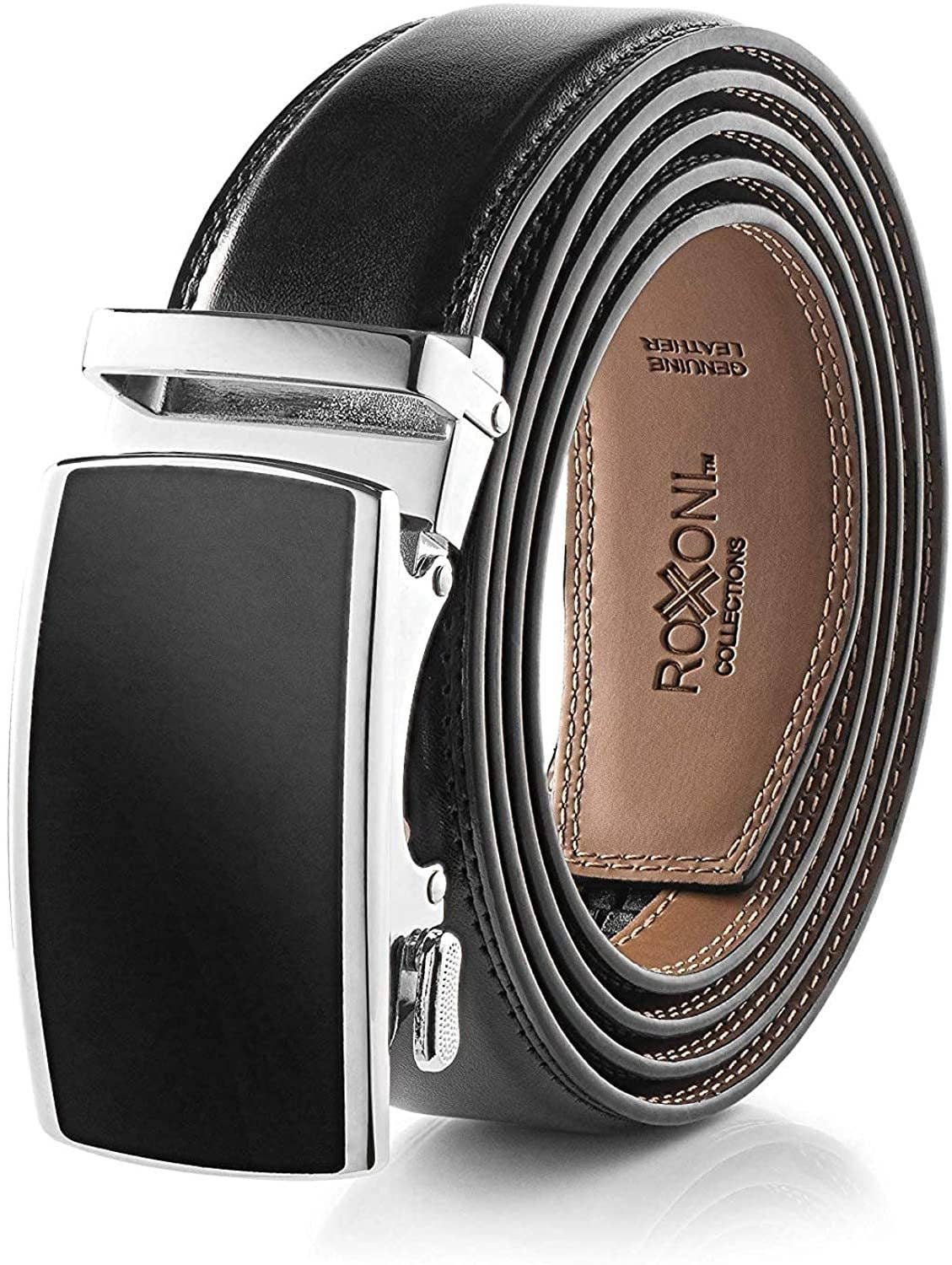 Men’s Genuine Leather Ratchet Belt with Automatic Buckle: Simple Gloss / Adjustable from 28" to 48" Wais