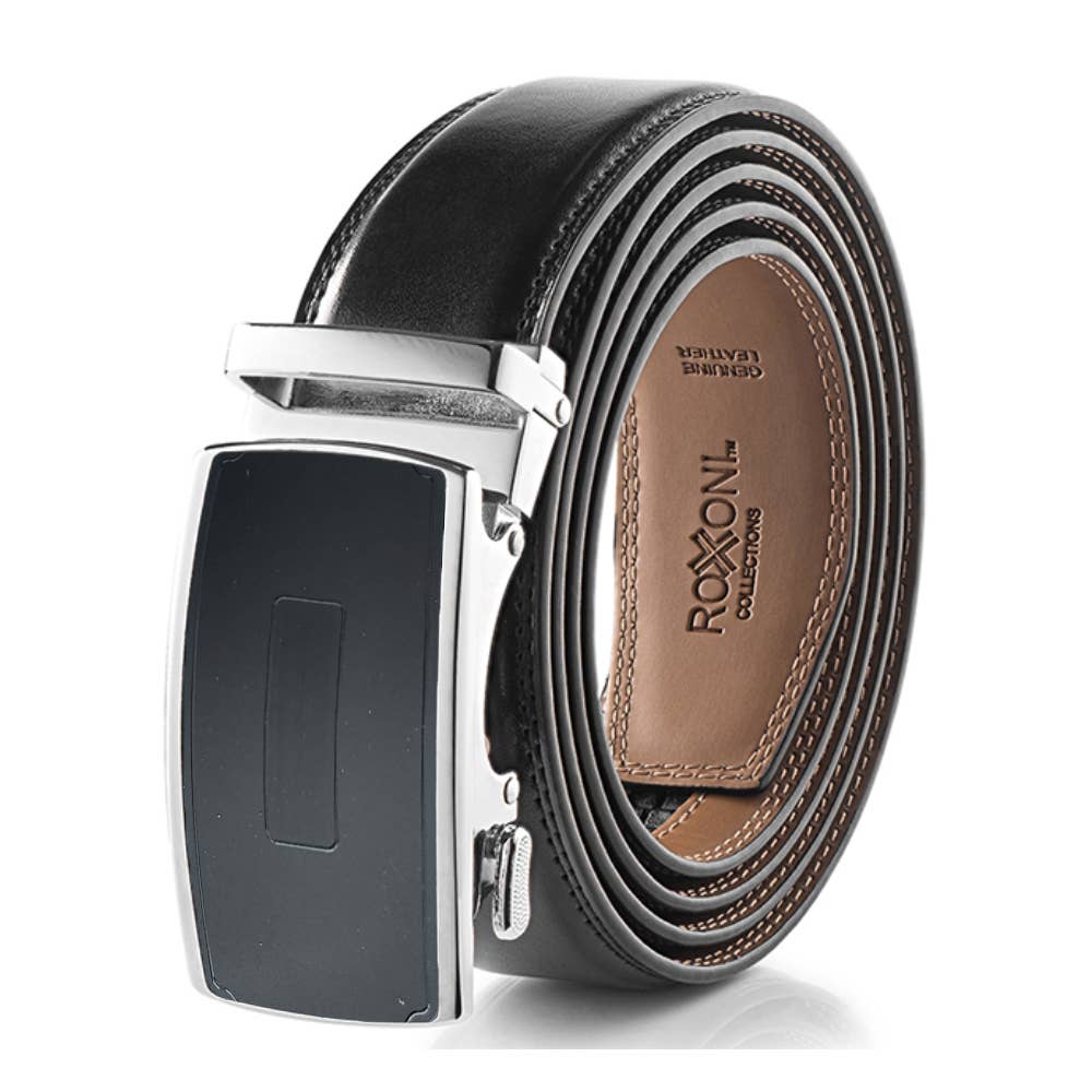 Men’s Genuine Leather Ratchet Belt with Automatic Buckle: Simple Gloss / Adjustable from 28" to 48" Wais