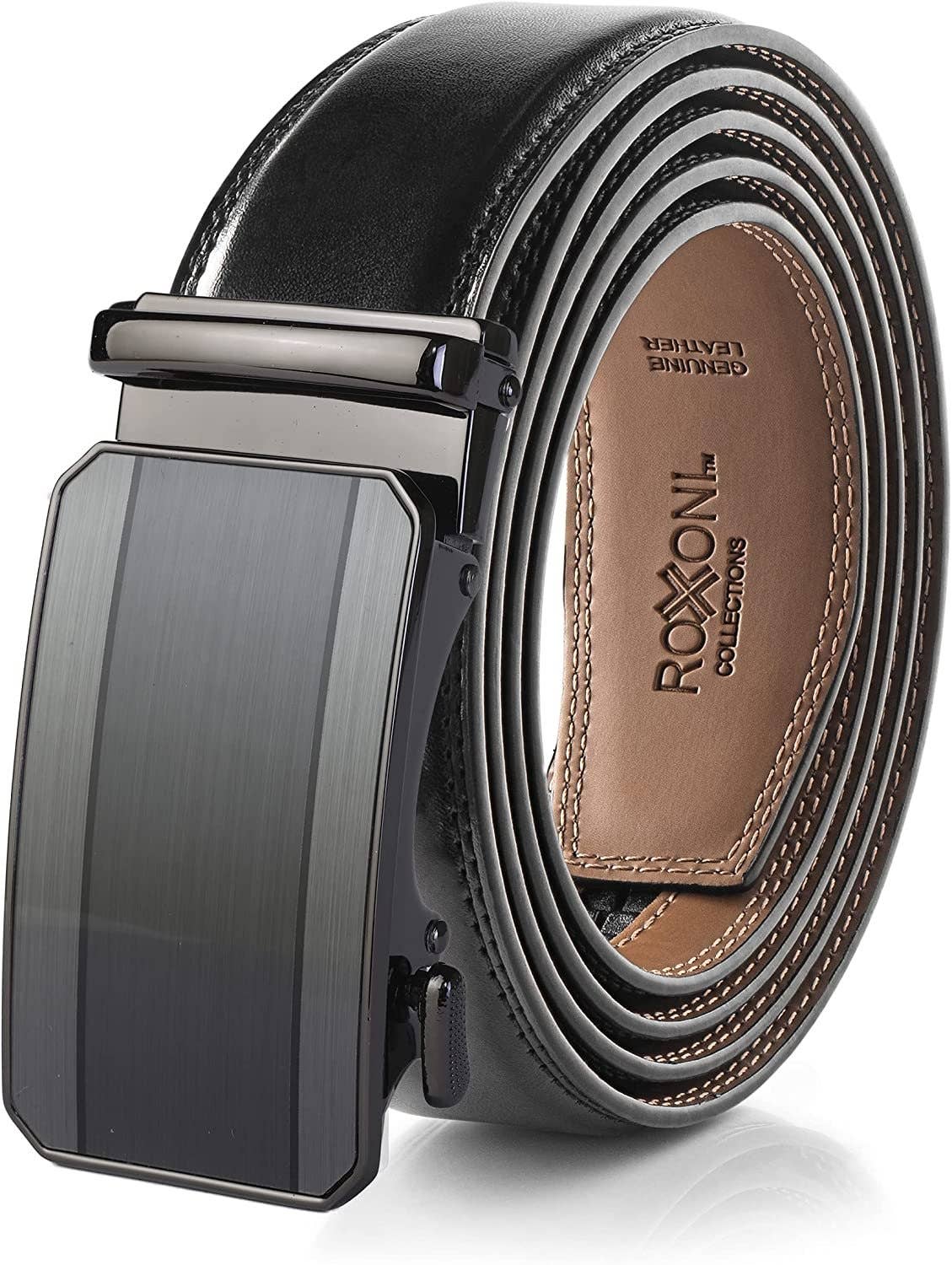 Men’s Genuine Leather Ratchet Belt with Automatic Buckle: Simple Gloss / Adjustable from 28" to 48" Wais