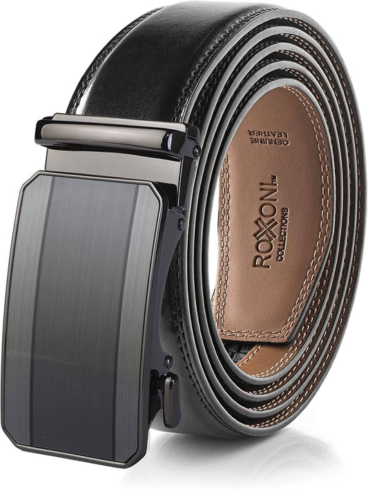 Men’s Genuine Leather Ratchet Belt with Automatic Buckle: Simple Gloss / Adjustable from 28" to 48" Wais - IADORNME