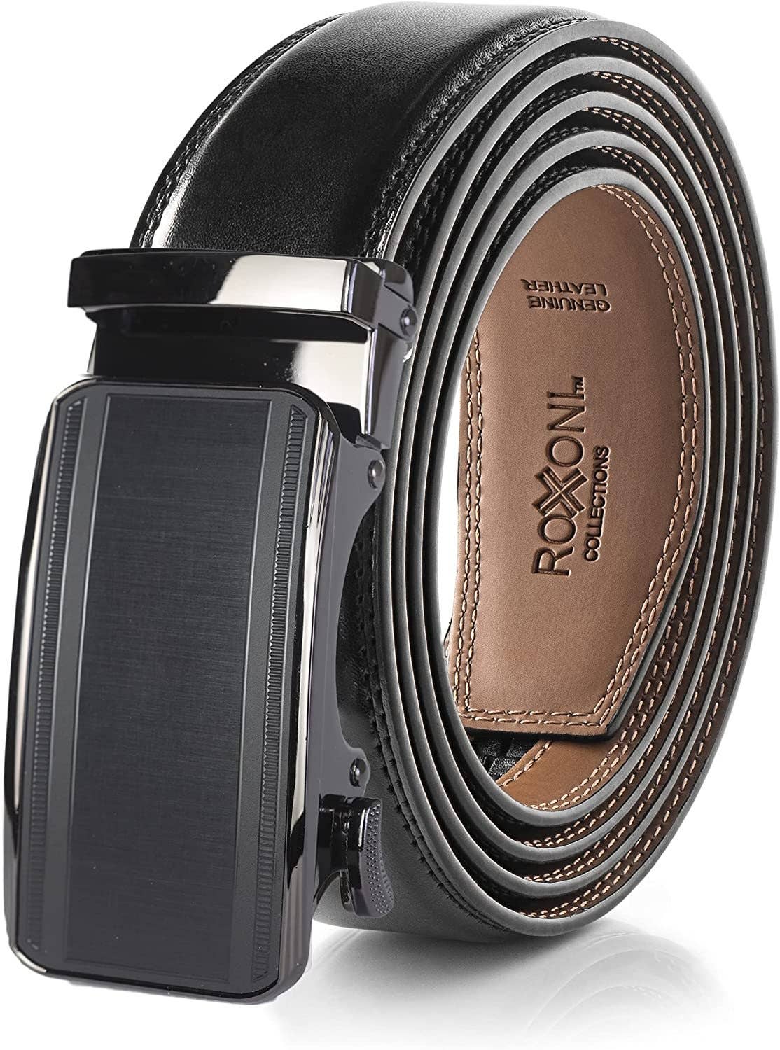 Men’s Genuine Leather Ratchet Belt with Automatic Buckle: Simple Gloss / Adjustable from 28" to 48" Wais