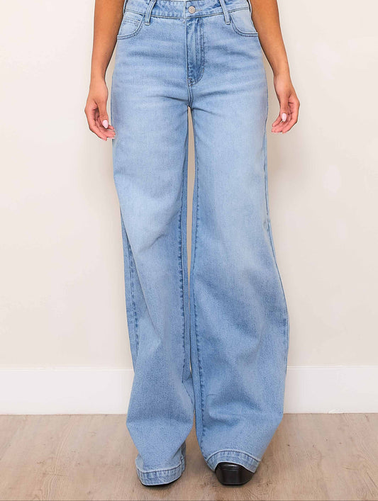 Double Waist Band High-Rise Wide Leg Jeans: Light Stone / M