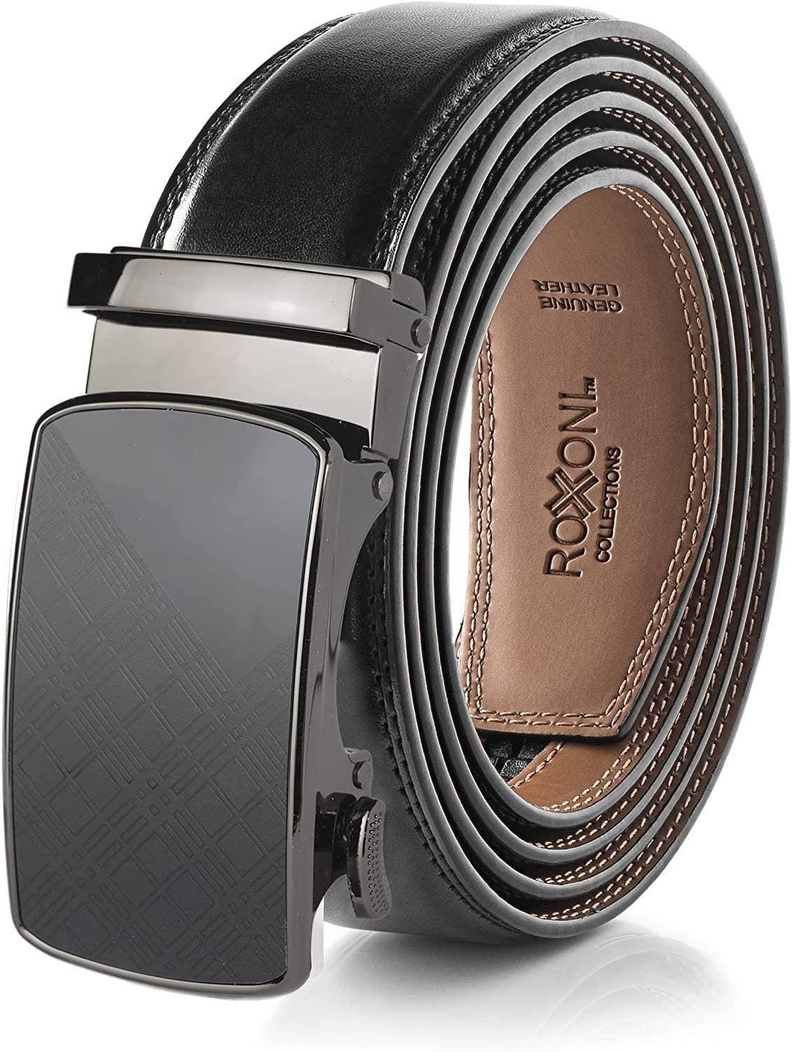 Men’s Genuine Leather Ratchet Belt with Automatic Buckle: Simple Gloss / Adjustable from 28" to 48" Wais
