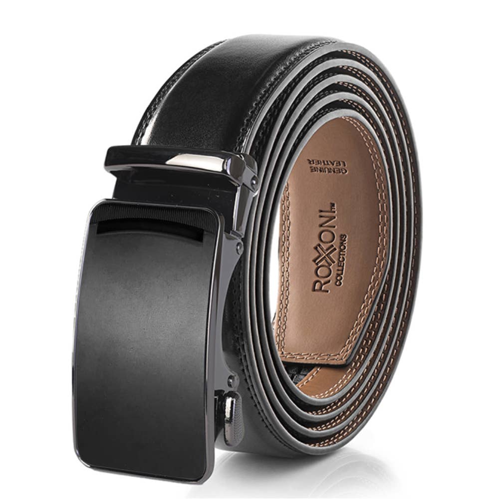 Men’s Genuine Leather Ratchet Belt with Automatic Buckle: Simple Gloss / Adjustable from 28" to 48" Wais