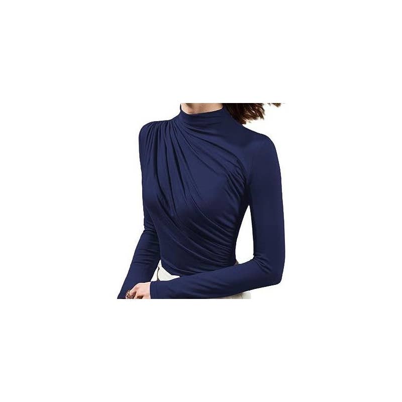 Solid Color Front Pleated Long Sleeve T-Shirt: NAVY BLUE / L