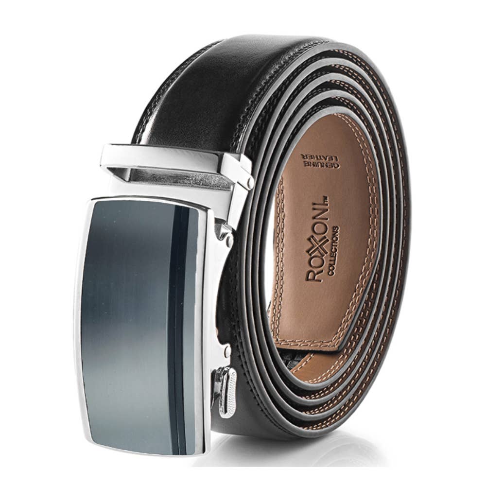 Men’s Genuine Leather Ratchet Belt with Automatic Buckle: Simple Gloss / Adjustable from 28" to 48" Wais