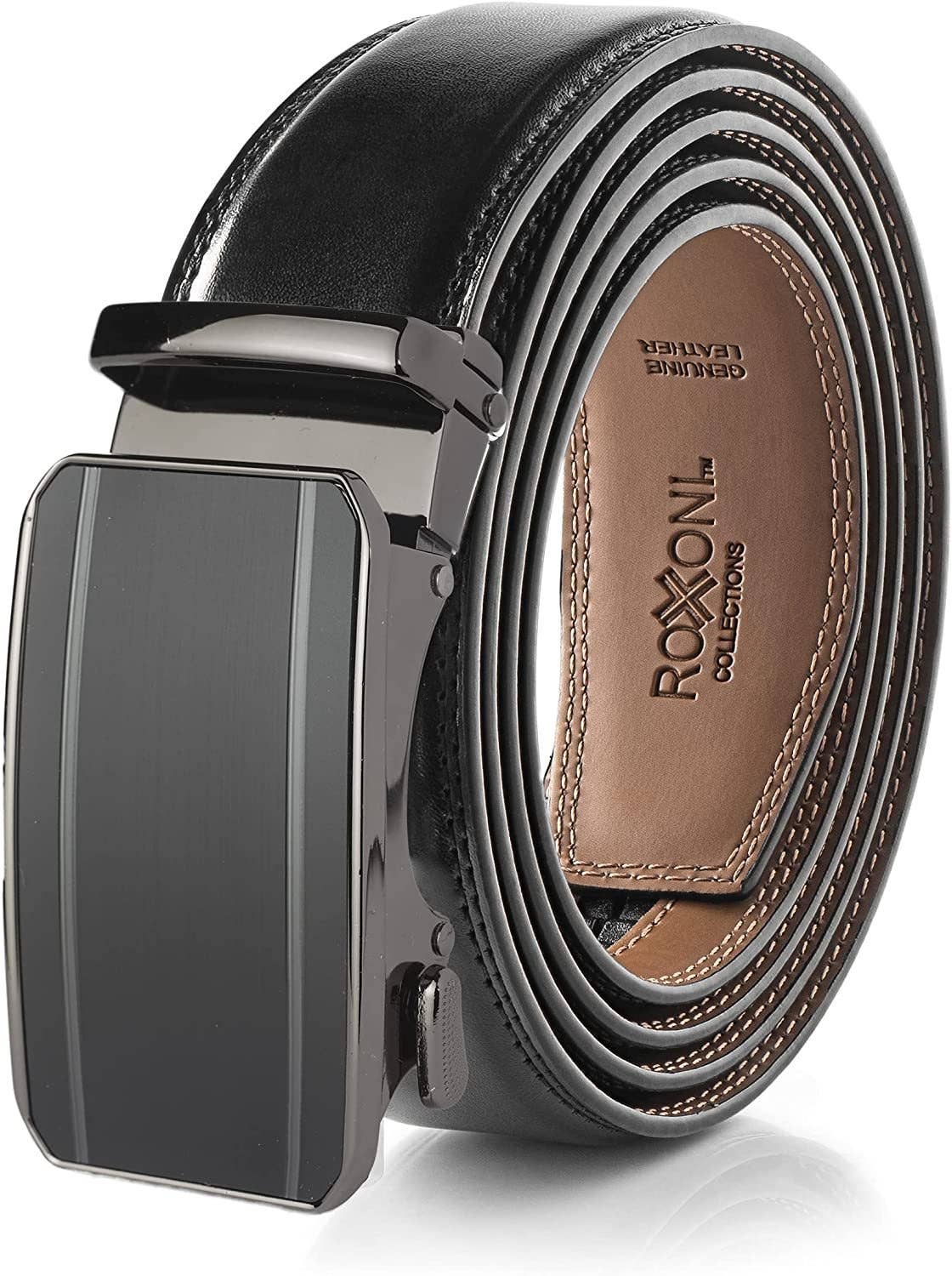 Men’s Genuine Leather Ratchet Belt with Automatic Buckle: Simple Gloss / Adjustable from 28" to 48" Wais