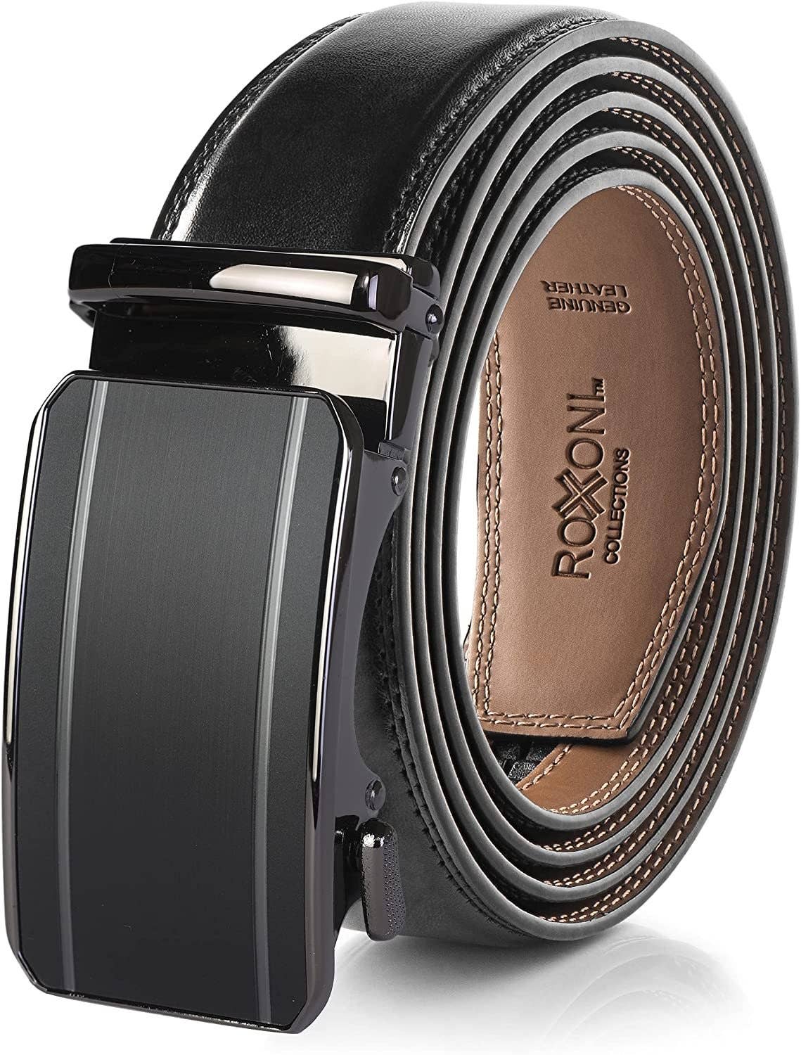 Men’s Genuine Leather Ratchet Belt with Automatic Buckle: Simple Gloss / Adjustable from 28" to 48" Wais
