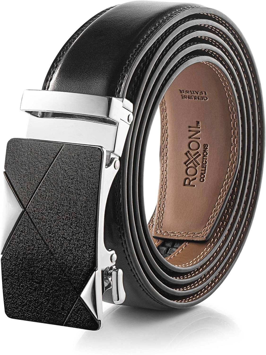 Men’s Genuine Leather Ratchet Belt with Automatic Buckle: Simple Gloss / Adjustable from 28" to 48" Wais