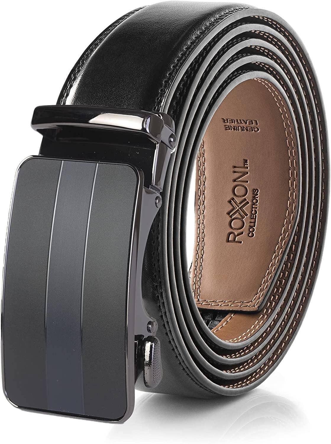Men’s Genuine Leather Ratchet Belt with Automatic Buckle: Simple Gloss / Adjustable from 28" to 48" Wais