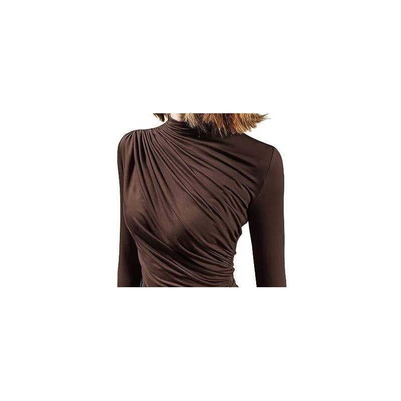Solid Color Front Pleated Long Sleeve T-Shirt: NAVY BLUE / L