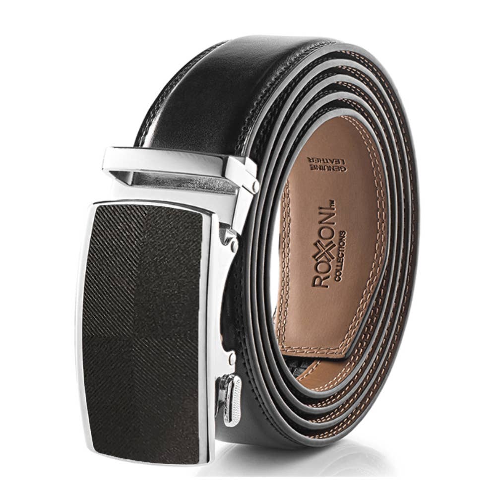 Men’s Genuine Leather Ratchet Belt with Automatic Buckle: Simple Gloss / Adjustable from 28" to 48" Wais