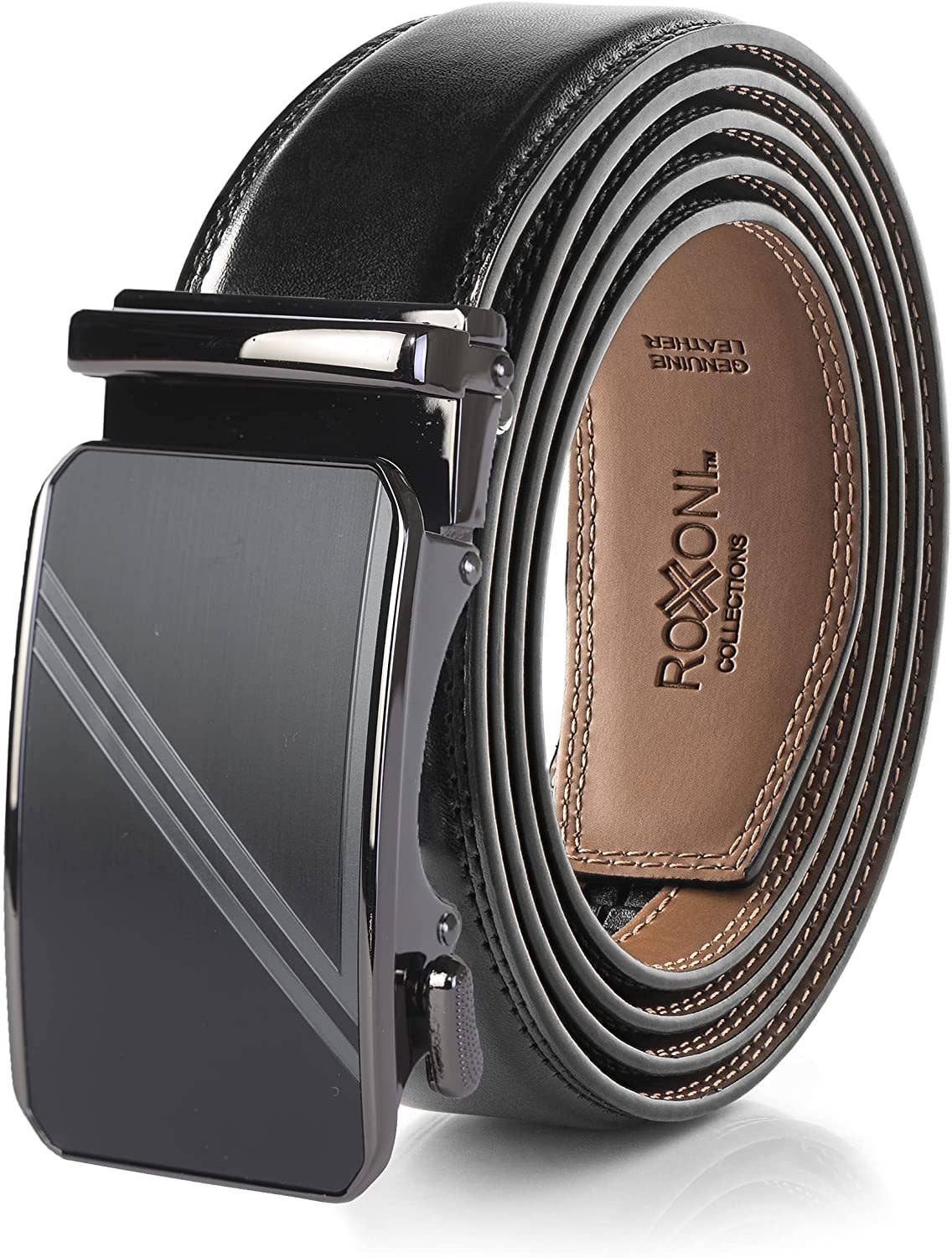 Men’s Genuine Leather Ratchet Belt with Automatic Buckle: Simple Gloss / Adjustable from 28" to 48" Wais