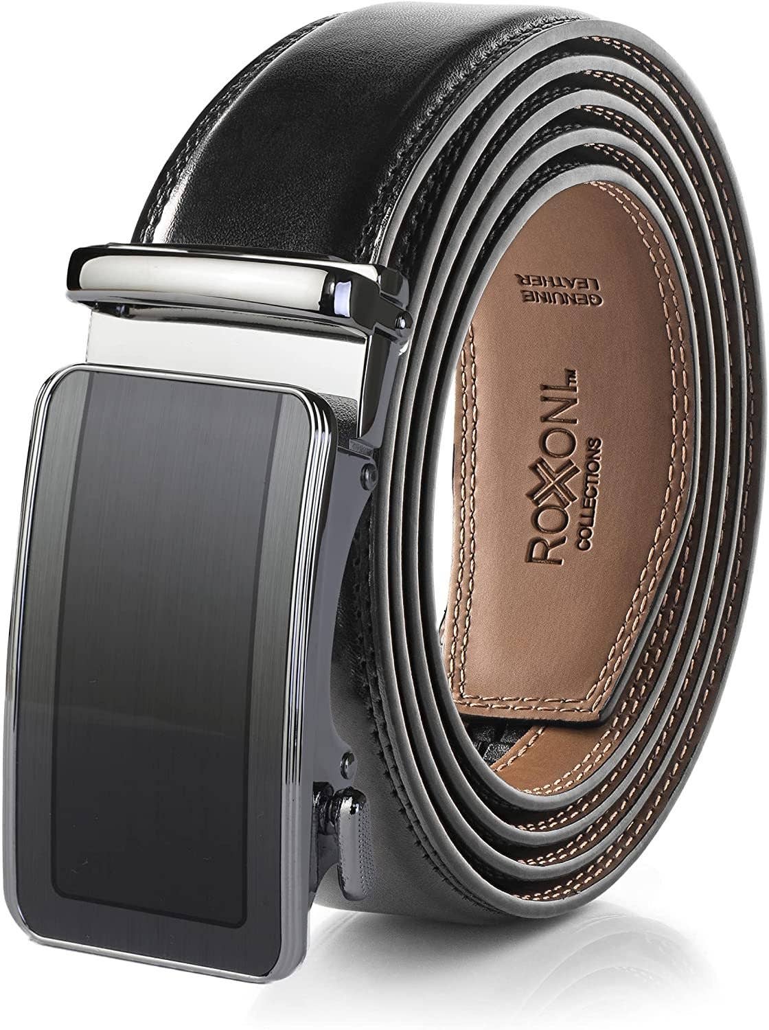 Men’s Genuine Leather Ratchet Belt with Automatic Buckle: Simple Gloss / Adjustable from 28" to 48" Wais