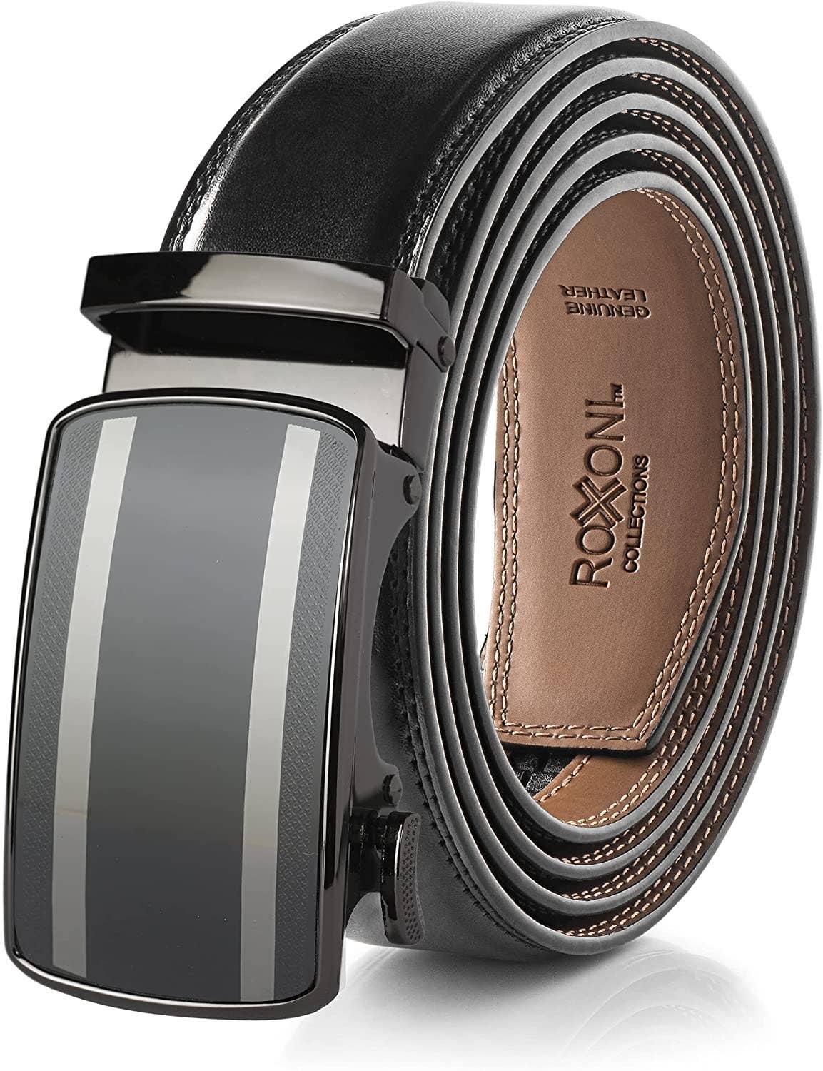 Men’s Genuine Leather Ratchet Belt with Automatic Buckle: Simple Gloss / Adjustable from 28" to 48" Wais
