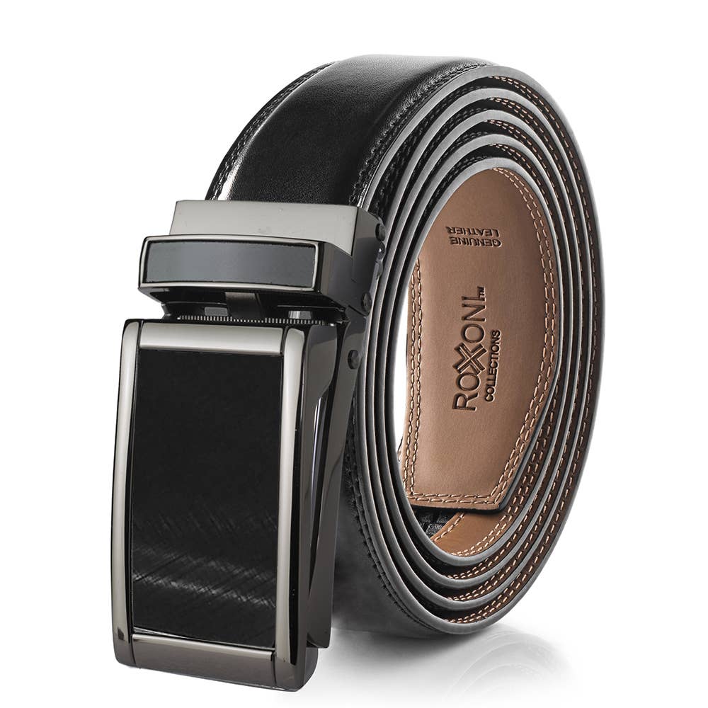 Men’s Genuine Leather Ratchet Belt with Automatic Buckle: Simple Gloss / Adjustable from 28" to 48" Wais