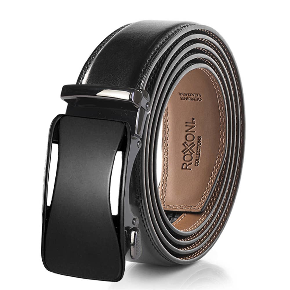 Men’s Genuine Leather Ratchet Belt with Automatic Buckle: Simple Gloss / Adjustable from 28" to 48" Wais
