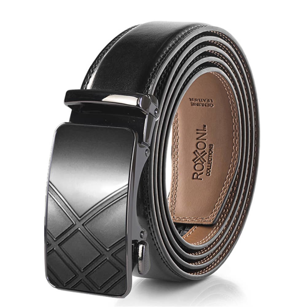 Men’s Genuine Leather Ratchet Belt with Automatic Buckle: Simple Gloss / Adjustable from 28" to 48" Wais