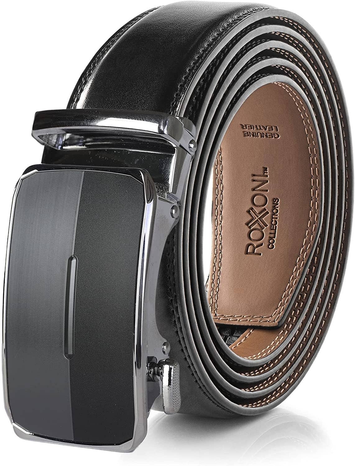 Men’s Genuine Leather Ratchet Belt with Automatic Buckle: Simple Gloss / Adjustable from 28" to 48" Wais