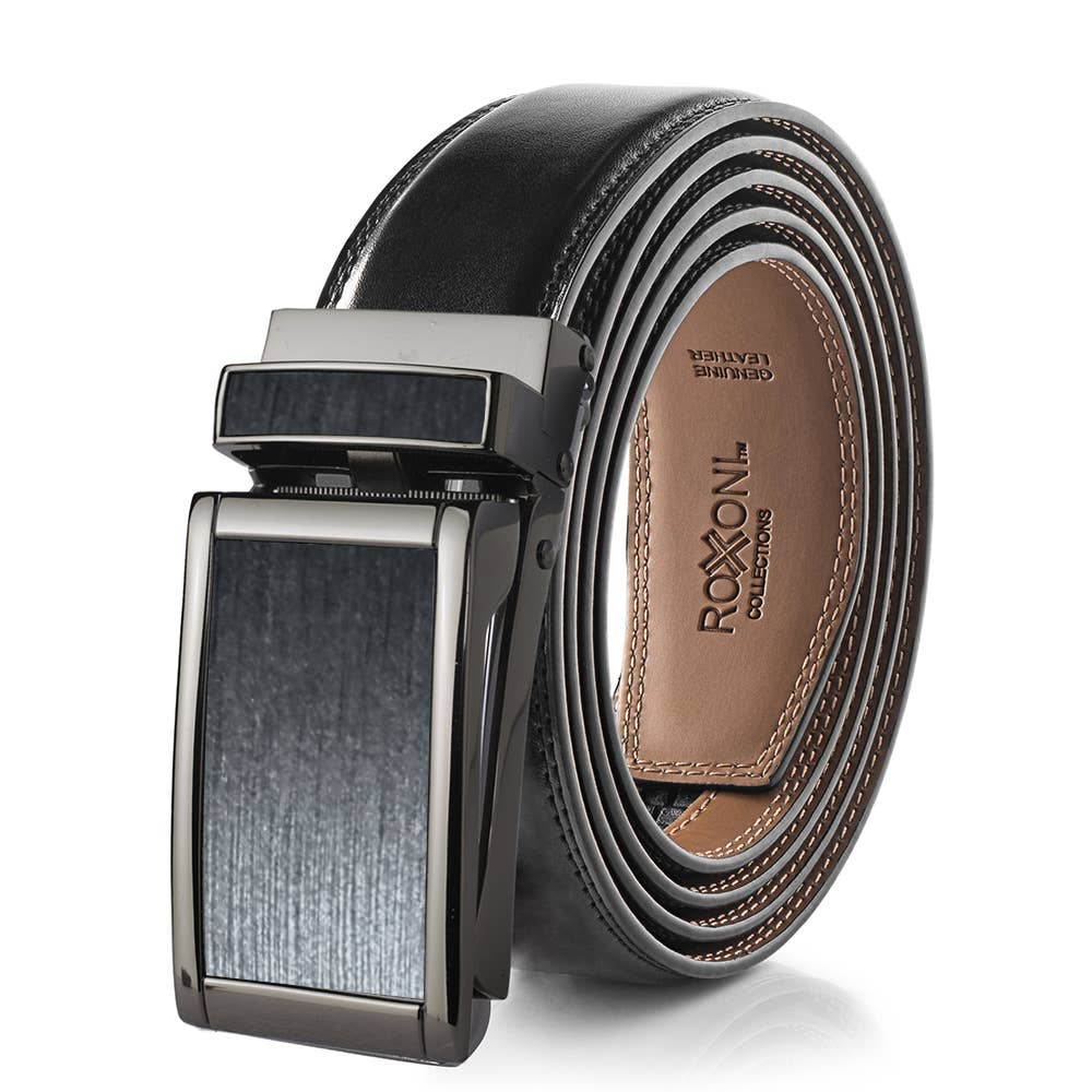 Men’s Genuine Leather Ratchet Belt with Automatic Buckle: Simple Gloss / Adjustable from 28" to 48" Wais