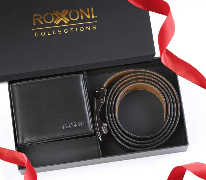Men's Roxoni Ultra Soft Genuine Leather Rachet Belt & Wallet: 2A - IADORNME