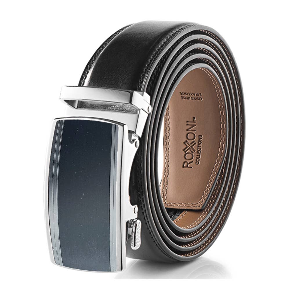 Men’s Genuine Leather Ratchet Belt with Automatic Buckle: Simple Gloss / Adjustable from 28" to 48" Wais