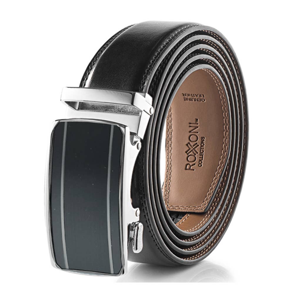 Men’s Genuine Leather Ratchet Belt with Automatic Buckle: Simple Gloss / Adjustable from 28" to 48" Wais