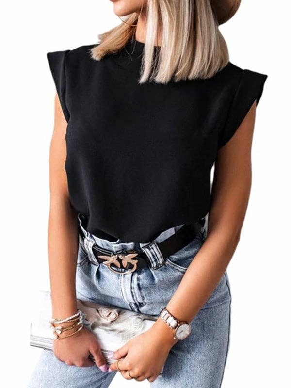 Simple Casual High-Neck Cap Sleeves T-Shirt Top: PRINTING / XL