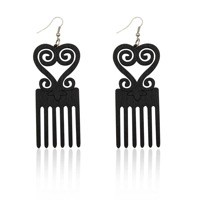 African Symbol Comb Unfinshed Wooden Drop Earrings