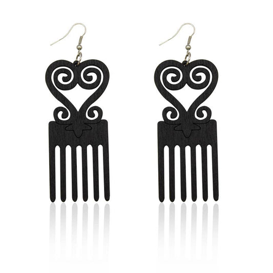 African Symbol Comb Unfinshed Wooden Drop Earrings